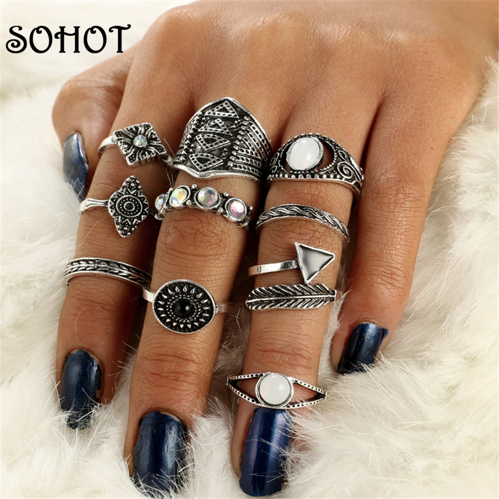 

SOHOT Vintage Imitation Crystal Opal Ring Sets 10PCS/set Punk Style Geometric shapes Black Rhinestone Feather Leaves For Girl