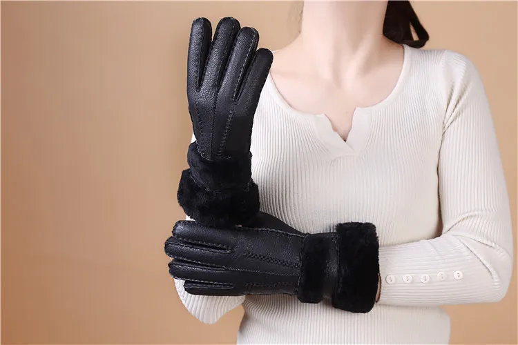 Лидер продаж зима Для женщин перчатки из натуральной овечьей кожи шерсть меховые перчатки элегантные однотонные теплые женские перчатки