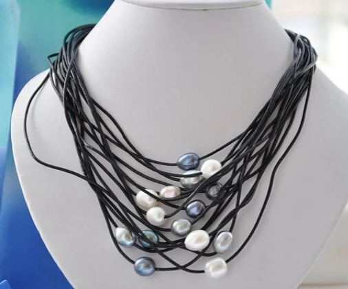 

huij 003130 Amaze 15strands 13mm white black gray rice pearl leather necklace