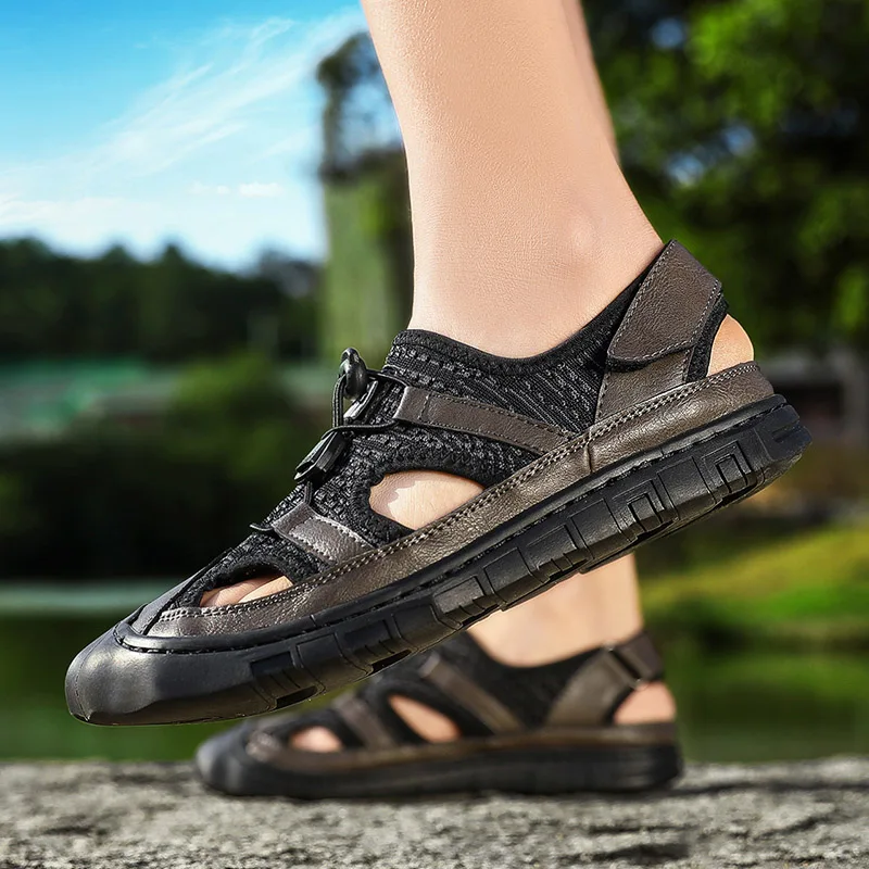 

2019 New Summer Sandals Beach Men Genuine Leather Walking Slipper Comfortable Sandals Outdoor Men Rubber Flip Flops Size 46