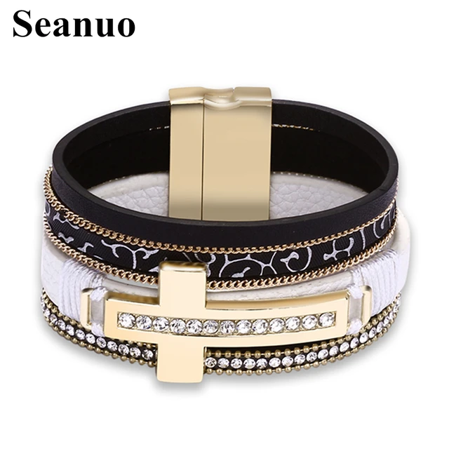 Seanuo Multi Layer Cubic Zirconia Cross Wrap Bracelet For Men Women Seanuo Multi Layer Cubic Zirconia Cross Wrap Bracelet For Men Women Fashion Punk Magnetic Buckle Genuine