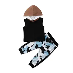 Одежда для маленьких мальчиков 2 предмета, худи-жилетка без рукавов для новорожденных + камуфляжные длинные штаны, комплект одежды
