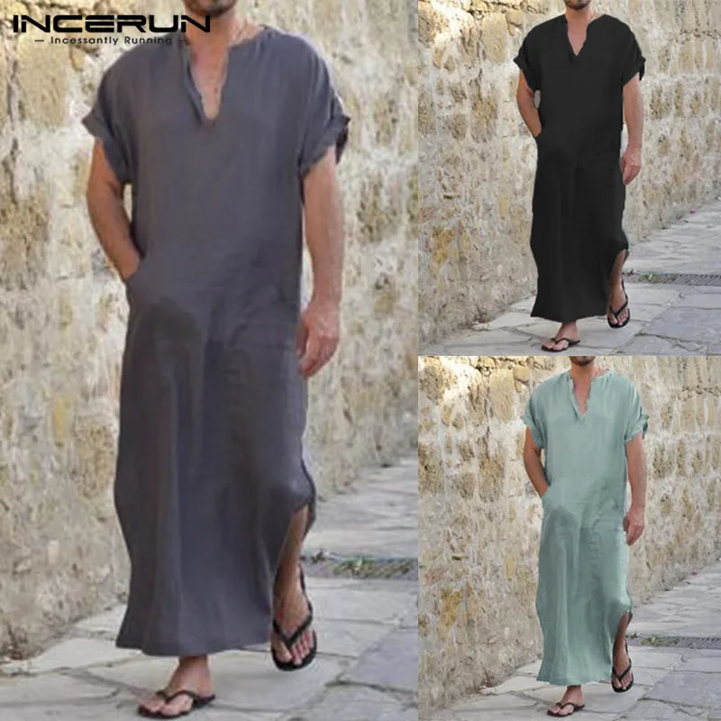 

INCERUN 2019 Full Length Short Sleeve Robes Men V-neck Solid Casual Loungewear Vintage Loose Islamic Arab Kaftan Pajamas S-5XL