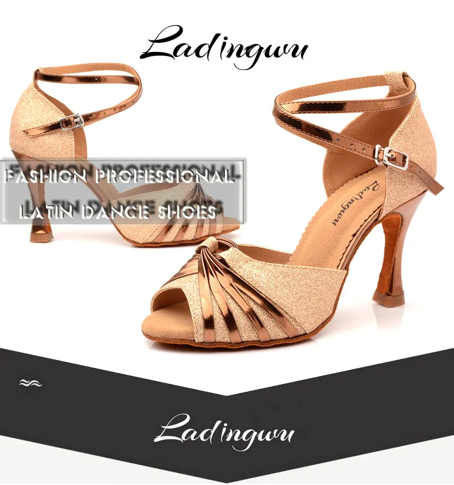 Ladingwu Glod/Блестящая танцевальная обувь для латиноамериканских женщин; обувь для сальсы; танцевальные сандалии; Обувь для бальных танцев; женская обувь с мягкой подошвой на Кубинском каблуке
