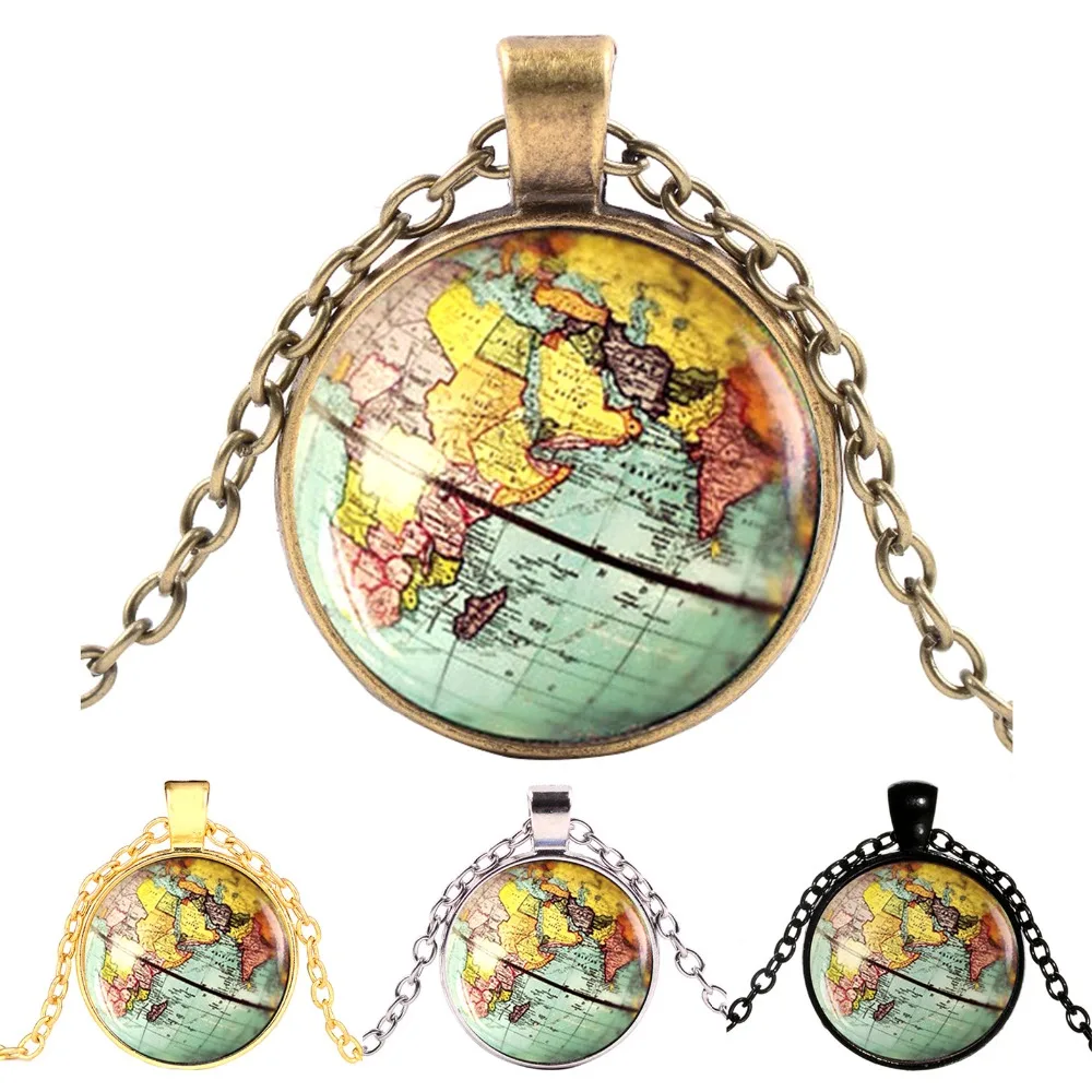 Vintage World Map Cabochon Tibetan Silver Plated Glass Chain Pendant Necklace | Украшения и аксессуары