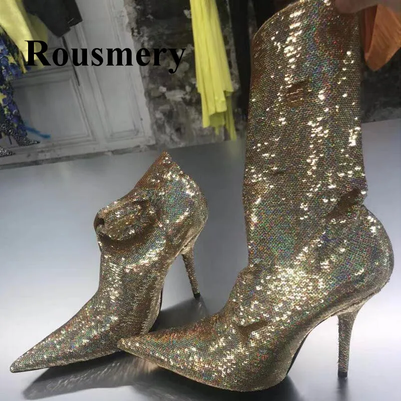 

Bling Bling Sexy Pointed Toe And Thin High Heel Slip-on Fashion Spring Autumn Stretch Boots Gold Women Ankle Boots