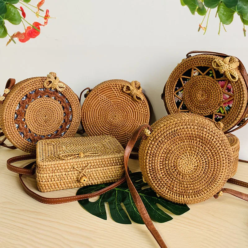 Woven Rattan Bag Round Straw Crossbody Bags Travel Small Beach HandBags Women Summer Hollow Handmade Shoulder |