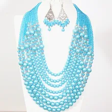 Bohemia charms sky blue 7 rowes neckalce earrings round shell simulated-pearl abacus crystal unique handmade jewelry set B1300