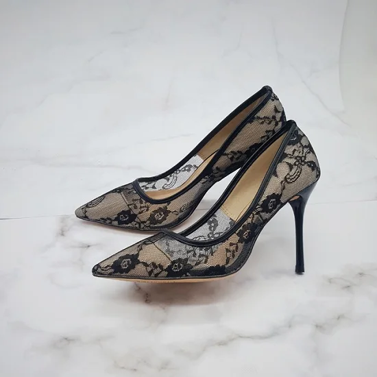 KarinLuna/ г. Элегантные женские туфли-лодочки пикантные свадебные туфли на высоком каблуке 10 см, украшенные кружевом и цветами женские вечерние туфли с острым носком для невесты - Цвет: black