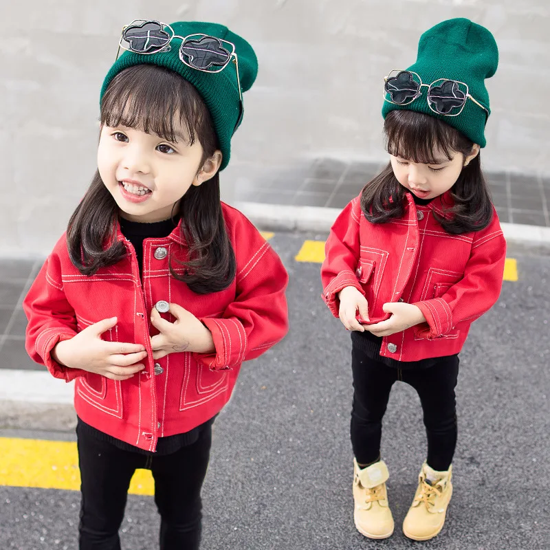 

Spring Red Jackets for Girls Jeans Buttons Kids Coats Fashion Children's Outwear Autumn Baby Gilrs Boutique Costume 2-6 Years