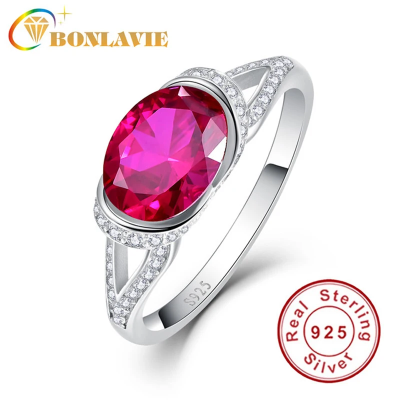 

BONLAVIE AAA Top Quality Fine Jewelry Rose Red Pigeon Egg Oval Wedding Bands Bridal Finger Rings for Women Engagement Party