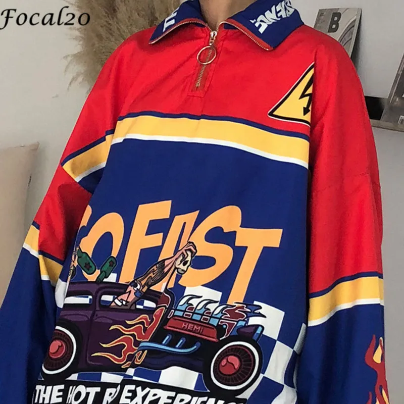 Focal20 الشارع الشهير سباق سيارة سستة النساء البلوز بدوره إلى أسفل طوق طويلة الأكمام عارضة فضفاضة الإناث البلوز البلوز