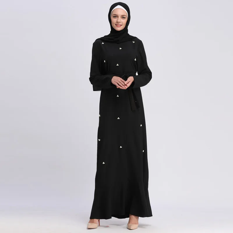 2019 Black Dubai Muslim Long dress Qatar UAE Islamic Arabic Pearls Hijab Dress Abayas For Women