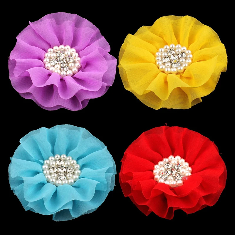 

50pcs/lot 4" 15colors Big Chiffon Flower+Rhinestone Pearl Button For Hair Accessories Artificial Fabric Flowers For Headbands