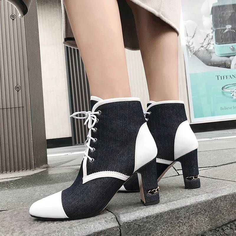 

LAPOLAKA 2018 wholesale genuine leather denim High Heels Ankle Boots Women Shoes Woman lace up Shoes Woman Boots