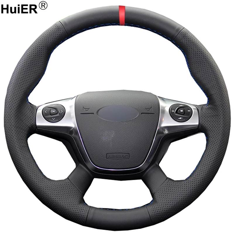 Huier Hand Sew Car Steering Wheel Cover Red Marker For Ford Focus 3