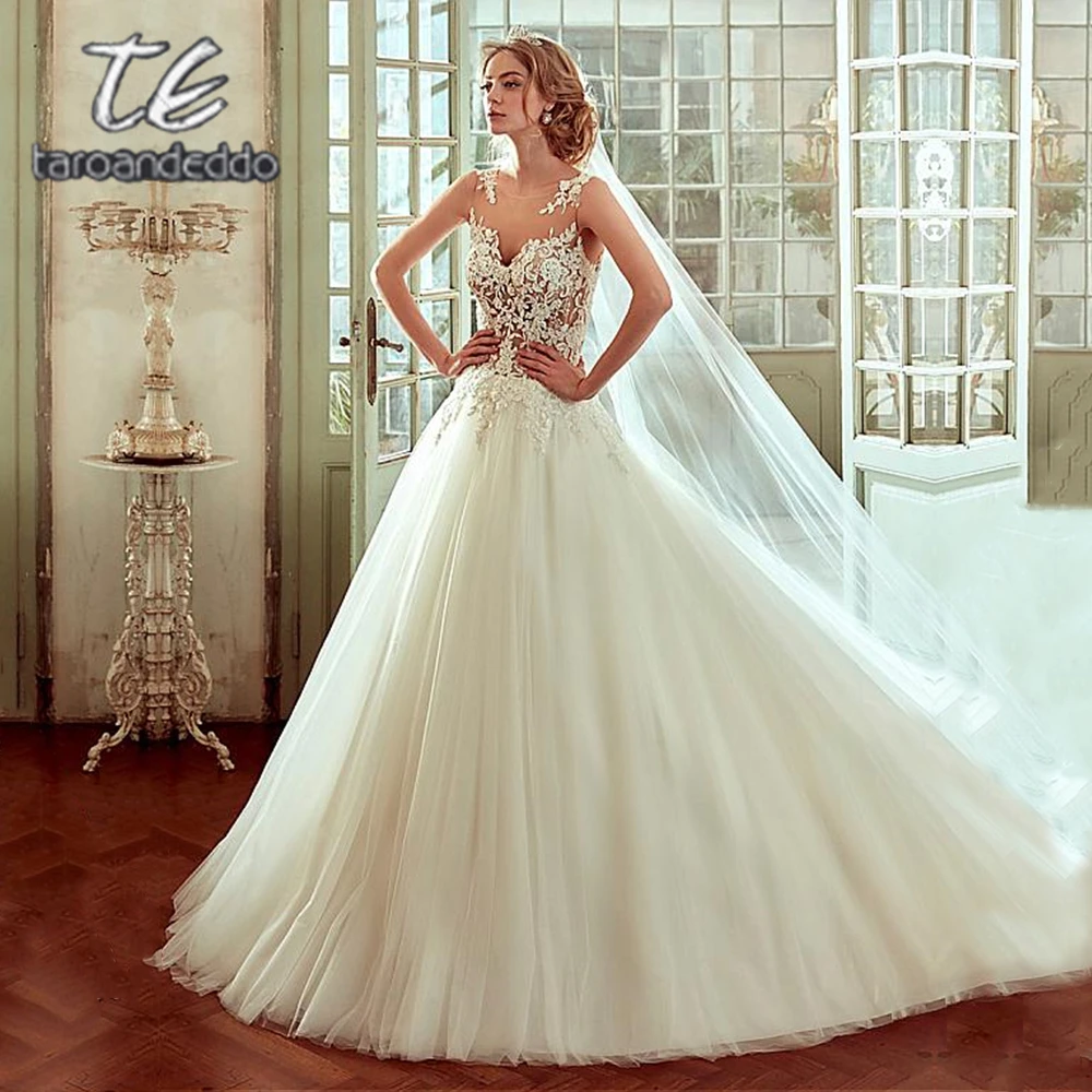 Vestido De Noiva Scoop Tulle Wedding Dresses Illusion Back Applique