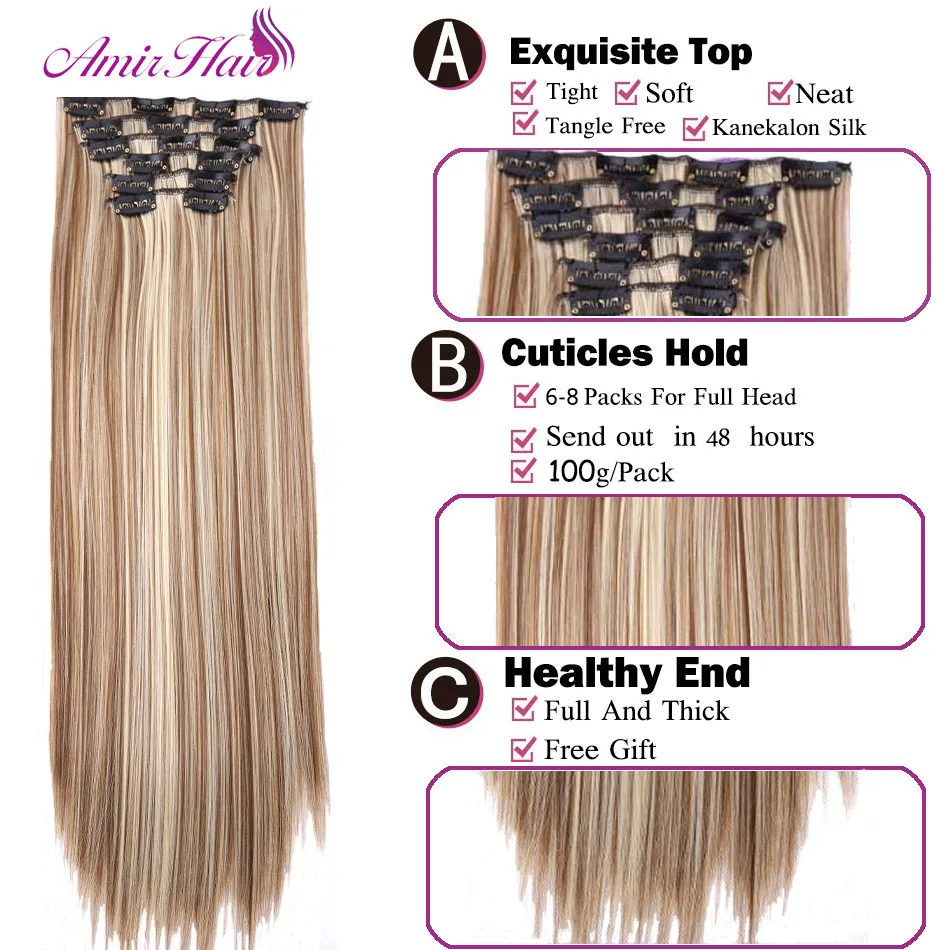 Synthetic Hair Extensions Amir Synthetic Hair 22inch 140g 16 Clips 6pcs/set Clips In Hair Extensions Long Straight Heat Resistant Extensions