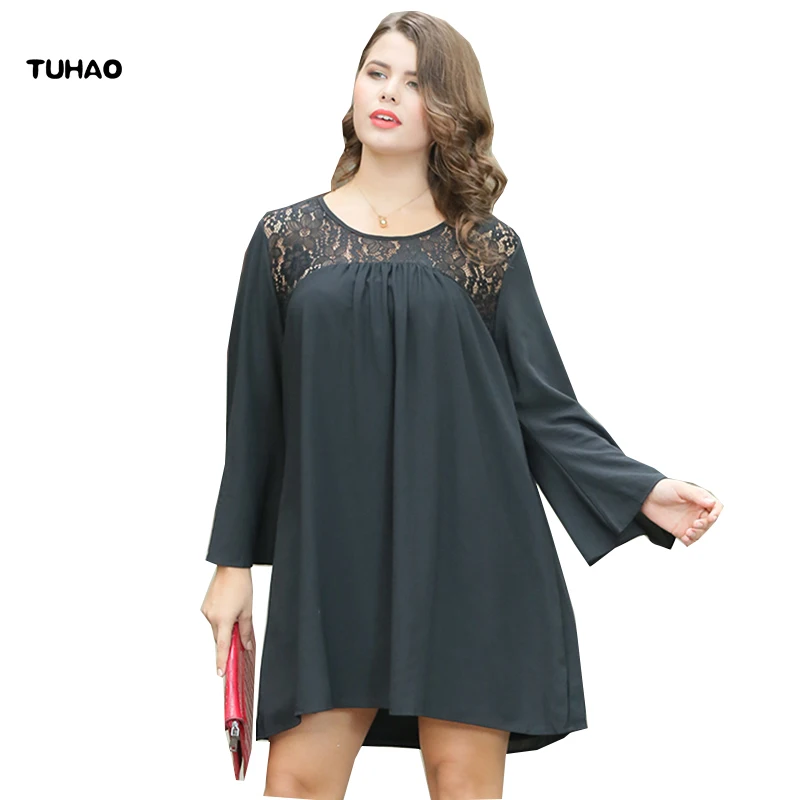 

TUHAO Big Size Women Lace Dress 2018 autumn Sexy elegant Lace dresses Vintage Female Casual Vestidos loose black Dress BC12