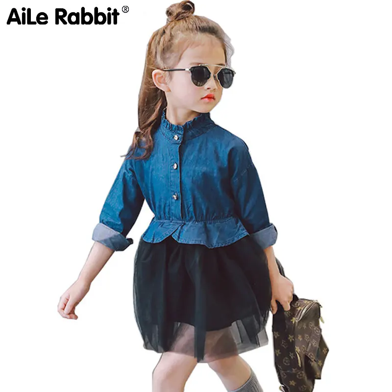 Корейское платье для девочек AiLe Rabbit модное повседневное однотонное джинсовое из