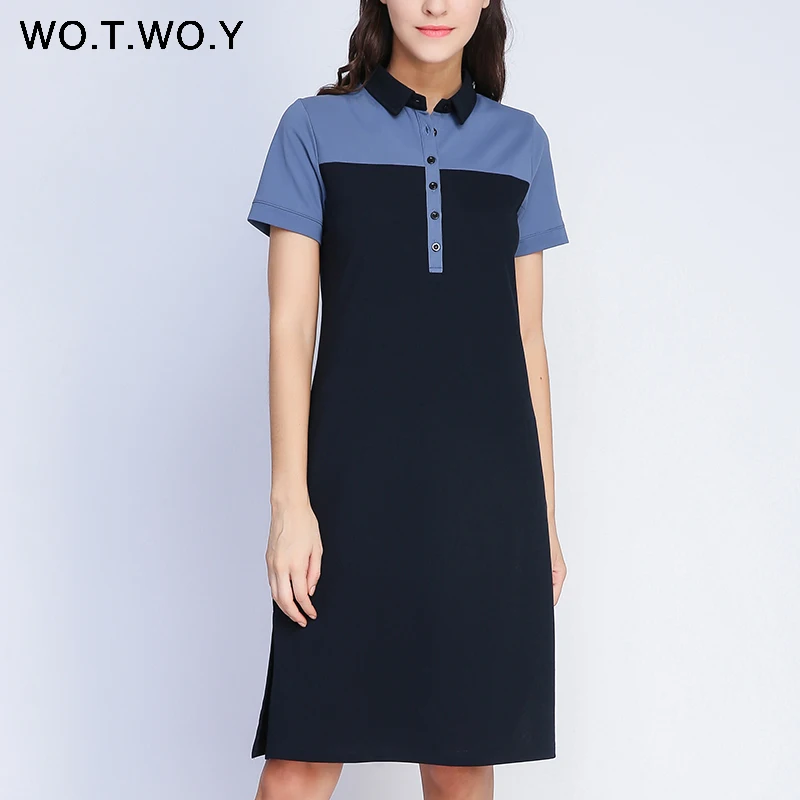 Online WOTWOY 2020 Sommer Polo Shirt Kleider Frauen Stickerei Plus Größe M 3XL Lose Gerade Kleid Preppy Stil Blau Midi Split Kleid