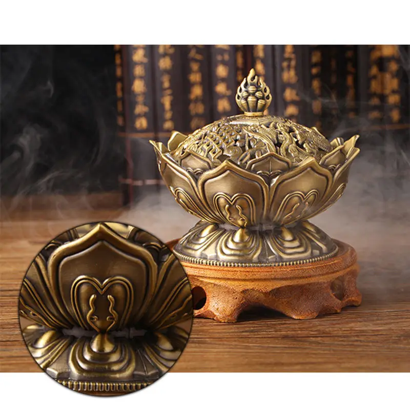 JX-LCLYL Alloy Chinese Lotus Hollow Cover Incense Burner Aromatherapy Censer Cone Holder