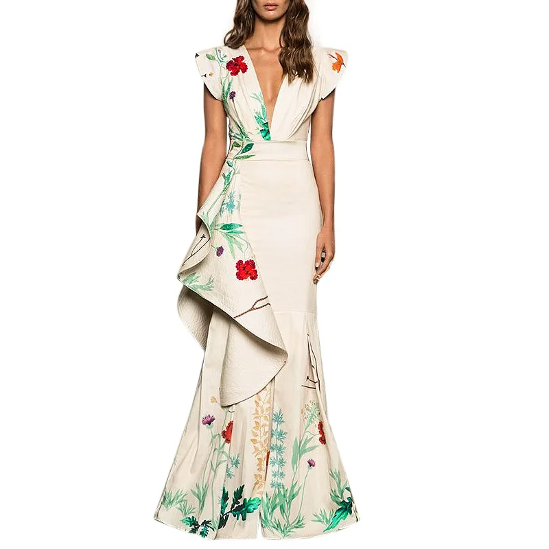 

Plus Size Vintage Party Night Trumpet Dress for Women Elegant Bohemian V-neck Ruffles Summer Maxi White Dinner Dresses 2019