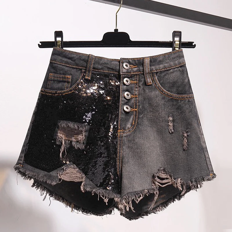 

2017 Fashion Designer Womens Ladies High Waist Ripped Hole Button Fly Tassel Denim Shorts , Women Female 5xl 4xl Jeans Shorts