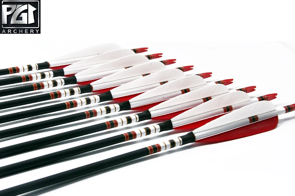 PG1ARCHERY Carbon Arrow With 5'' Parabolic Feathers Spine 500 OD 7.6mm Hunting Archery Arrows  