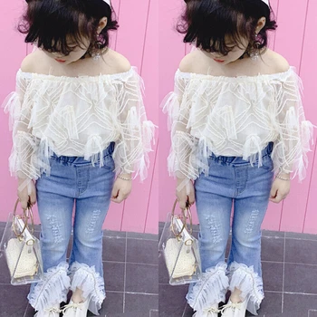 

Toddler Kids Clothes Set Baby Girl Lace Off Shoulder T Shirt Tops Destroyed Ripped Jeans Flare Pants Children Outfits 2Pcs Hot