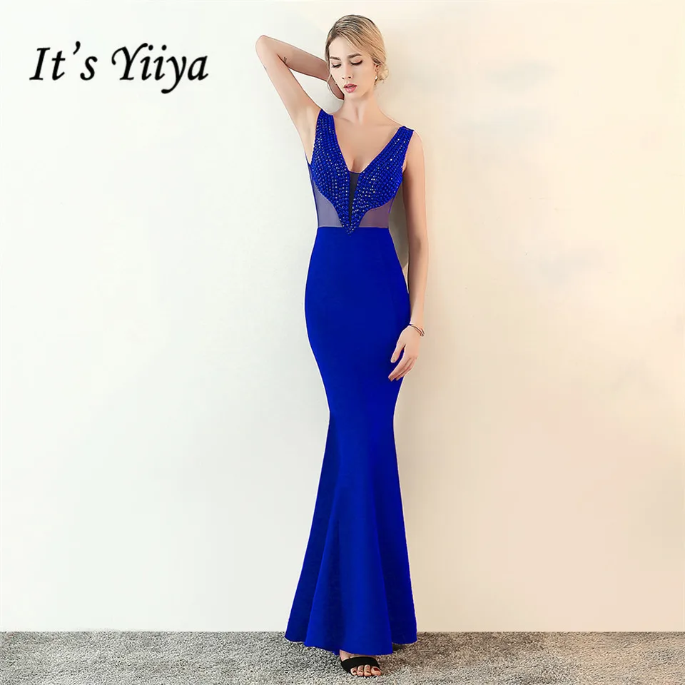 

It's Yiiya Party Gown Sexy V-neck Sleeveless Beading Evening dresses Royal blue Floor-length Zipper back Trumpet Prom dress C199