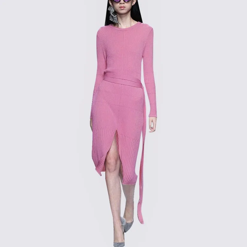 

Korean Style Elegant Women Casual Designing Elastic Knitting Sweet Pink Slit Dress Skinny Fashion Knit Dress with Slashes