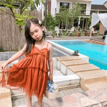 Новое поступление; летнее однотонное праздничное платье принцессы на бретелях в Корейском стиле с гренадиновым принтом для милых маленьких девочек