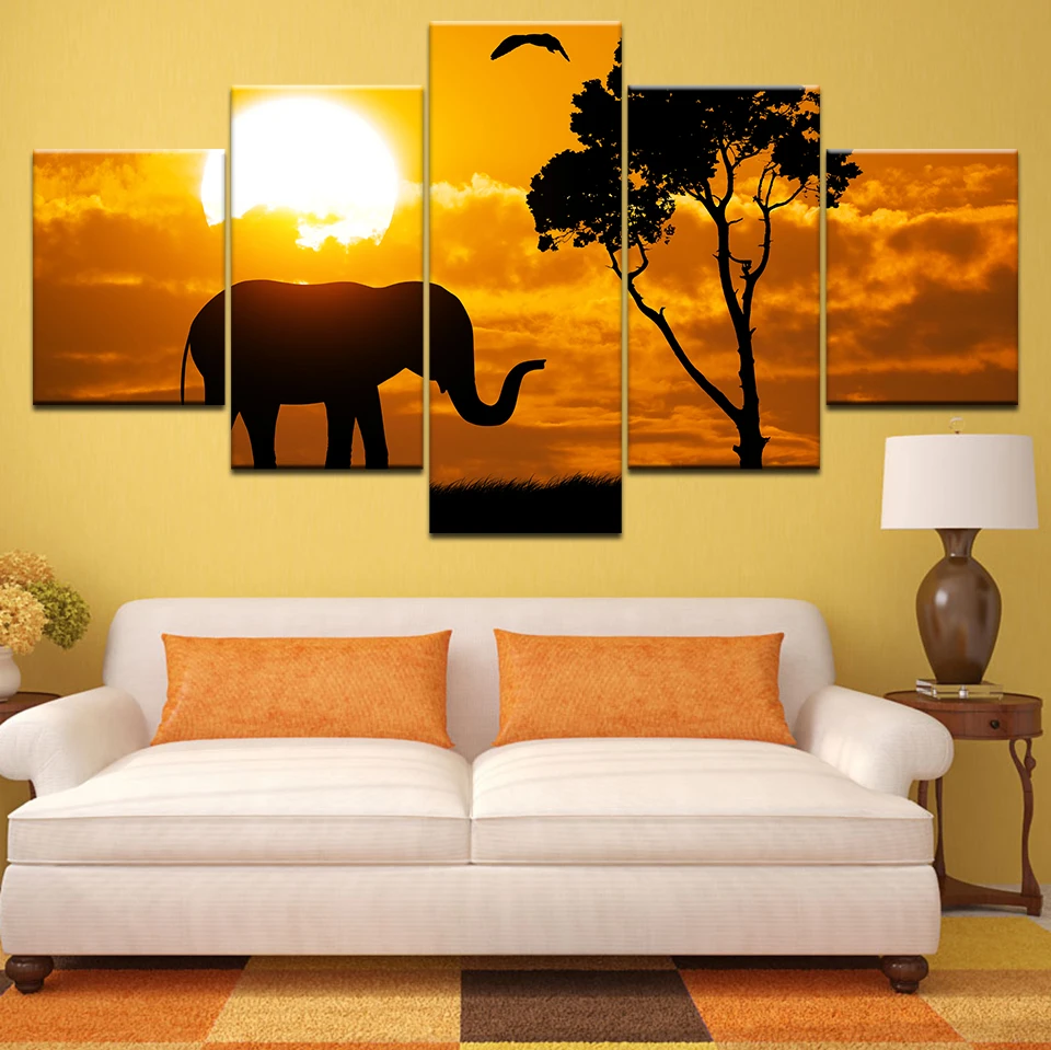 HD-Prints-Abstract-sunset-Animal-Picture-5-Piece-African-Forest-Elephant-Poster-Wall-Art-Canvas-Paintings