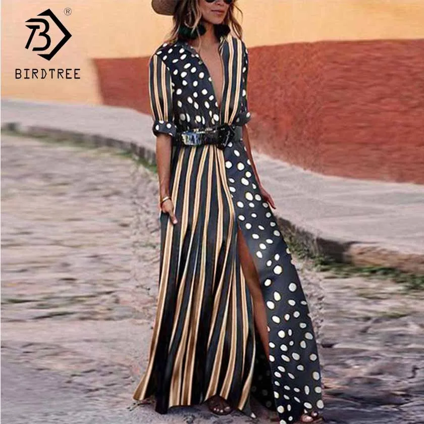 

New Summer Women Dot Patchwork Striped Vintage Dress Turn Down Collar Half Sleeve Elegance High Waist Long Split Dress D91316I