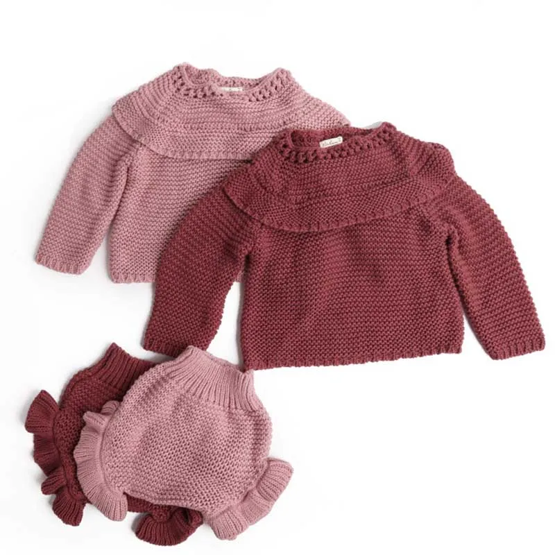 Baby knitting Clothing Sets Two Girls Suit Knit 0-2 Year Cotton Baby Long Sleeve Blouse+ Lotus Leaf Shorts Baby Clothing Set