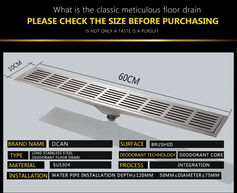 Drain Strainers 6010cm Floor Drain ZIPPER Stainless Steel 304 Linear Shower Drain Vertical Long Drain Bathroom Floor Drains (7)