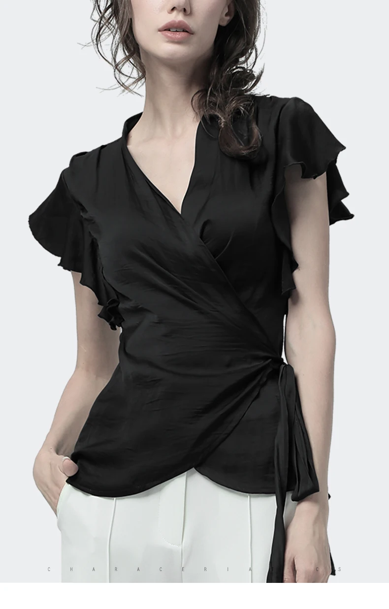 Silk Blouse Women Tunic Tops With Belt Crossed Lace Up Summer Cardigan Short Sleeve Sexy V-Neck Slim Black Women' Shirt