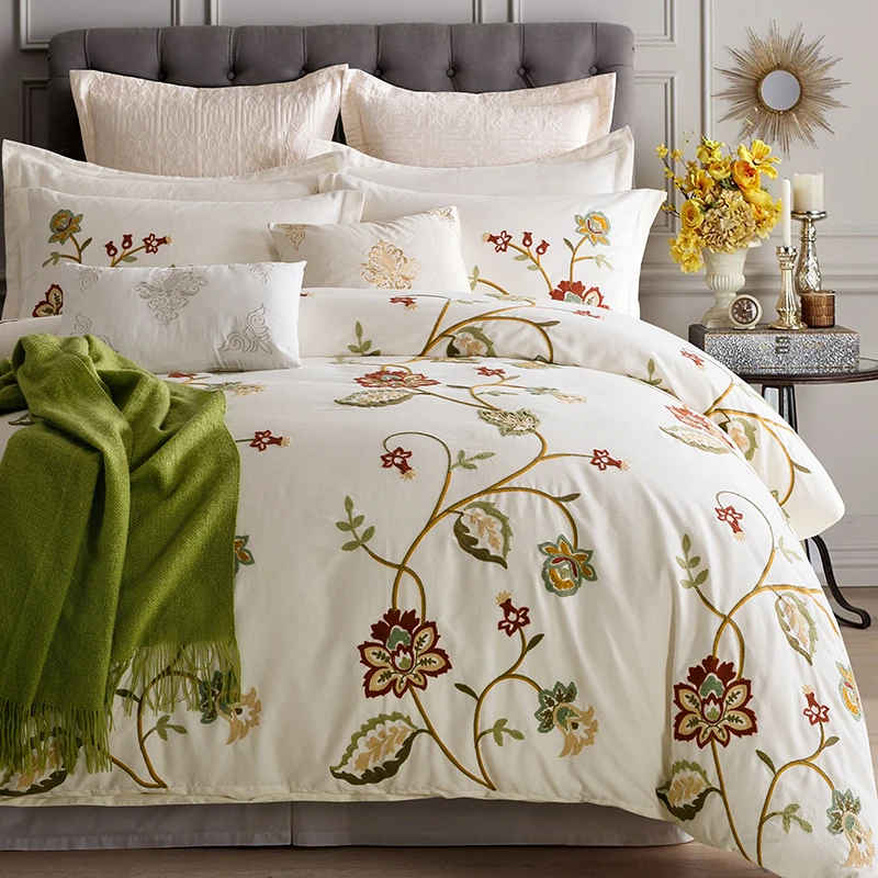 US $270.00 Flower Luxury Embroidery Dark Blue Royal Bedding Set King Queen Egyptian Cotton Bed Set Duvet Cover Bed Sheet Pillowcases 46pcs