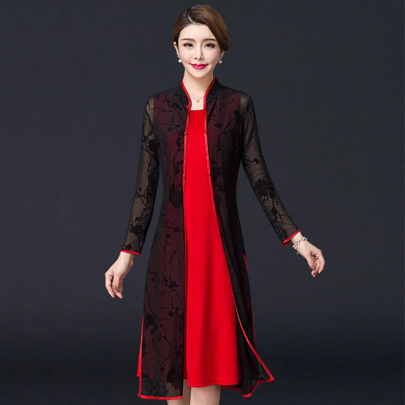 

Middle-aged and Old Women's Two-piece Dress Spring Summer Autumn Lace Mother Vintage Dresses Plus Size 5XL