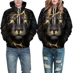 Пара зима пуловер с капюшоном Lightning голова льва свитшот с принтом модный топ