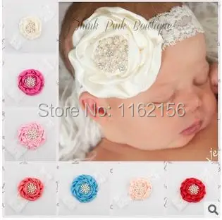 

New Rose Flowers with Pearl and Rhinestone Center on Lace Headband girls headwear Photo Prop Christmas