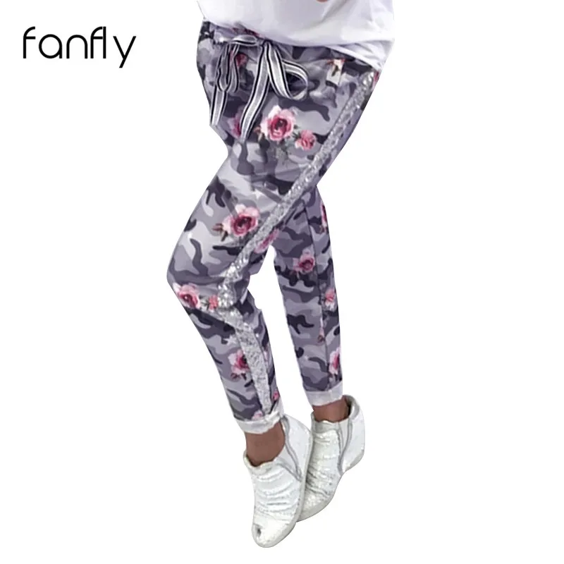 

Elastic Waist Female Women Pencil Pants Floral Striped Drawstring With Pocket Casual Printed Camouflage Flower Sequin WS8635F