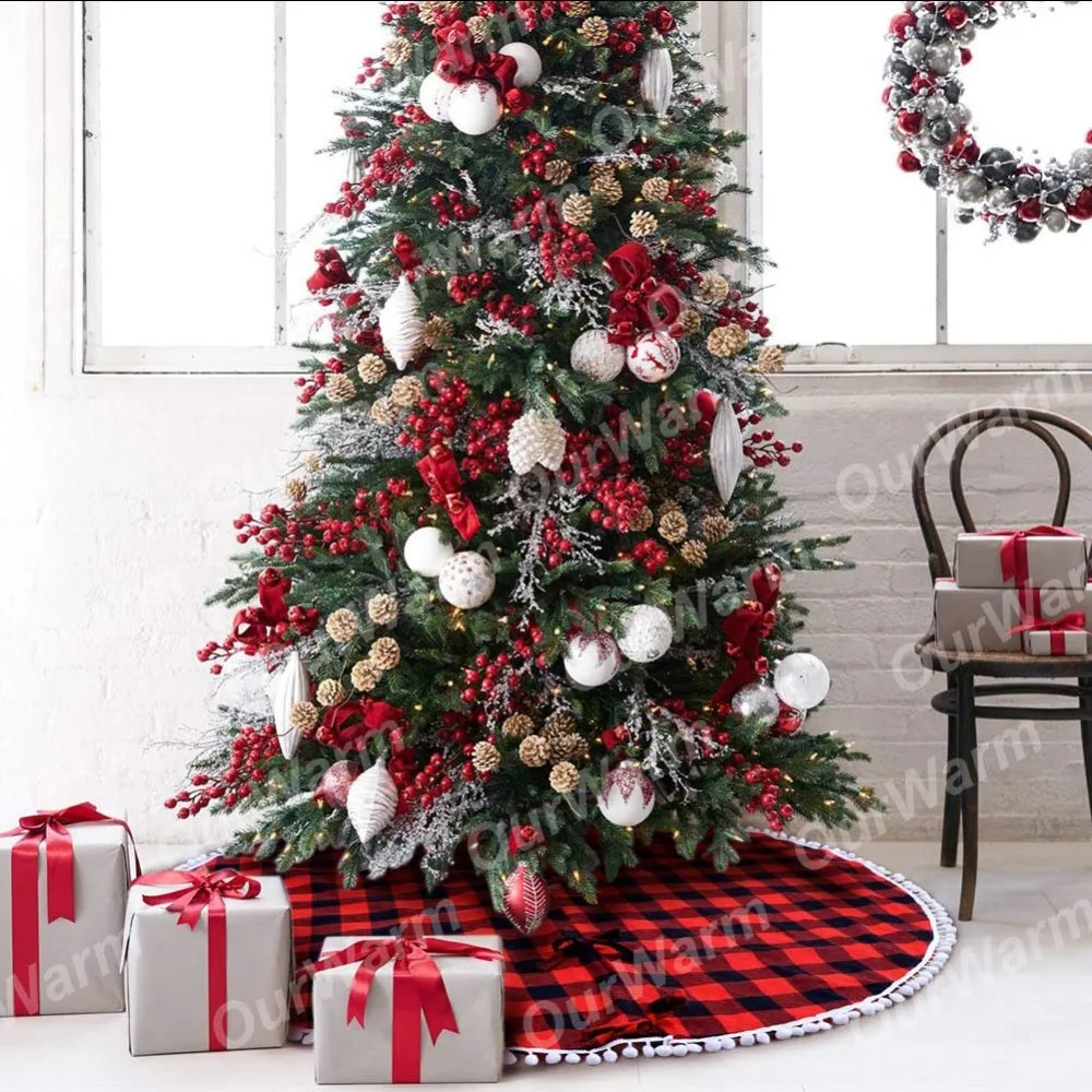 OurWarm 122 см красная и черная клетчатая Рождественская юбка с помпонами и помпонами, Рождественская юбка для елки, рождественские украшения для елки