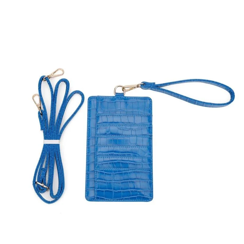 Genuine Leather Mobile Phone Card Holder Embossed Serpentine Leather Phone Wallet Python Leather Pouch With Lanyardr Phone Bag - Color: Strap Blue