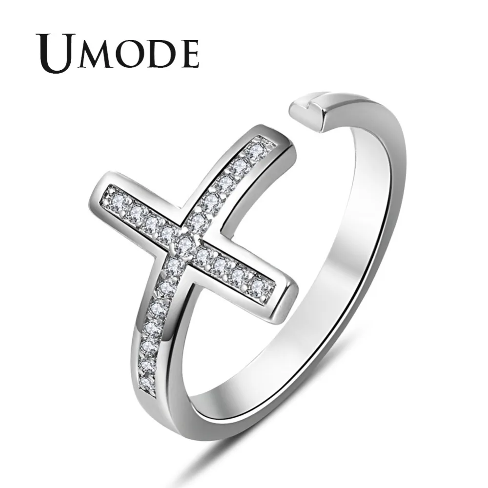 

UMODE Fashion Cross Design Open Cuff Ring for Women White Gold Jewelry Zircon Rings Bague FemmeAnillos Mujer Moda Bijoux AUR0431