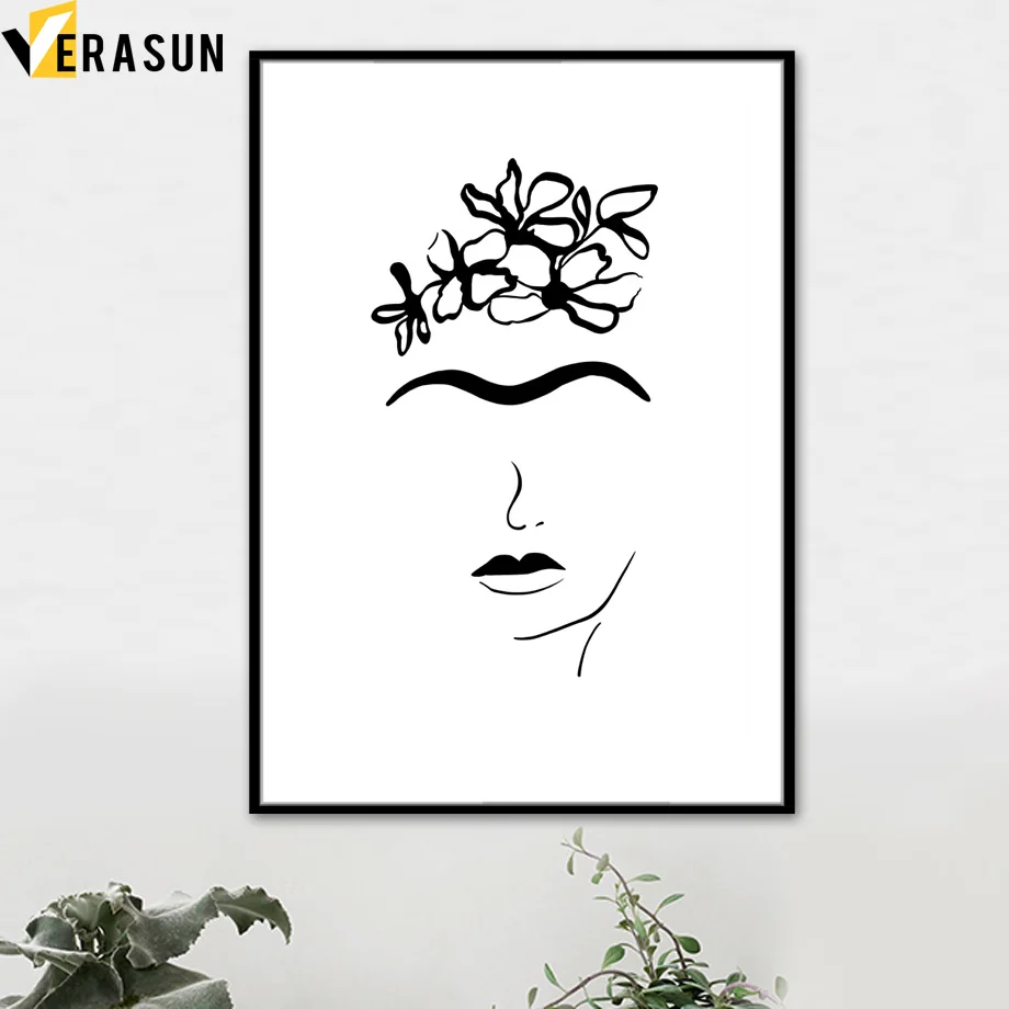 Абстрактный лицо девушки цветок губ плакаты на скандинавскую тему и принты Wall Art Холст Картина черный, белый цвет настенные панно для Декор