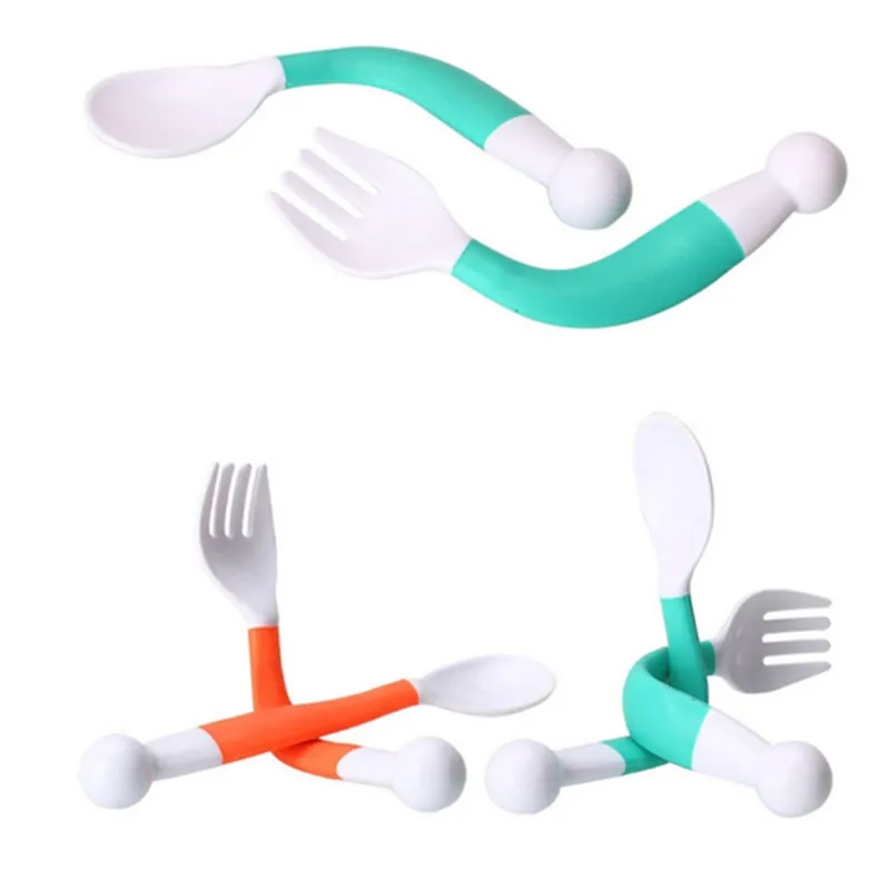 

New Design 2pcs/set Safe PP Flexible Baby Spoon Fork Adjustable Handle Children Dishes Learning Kids Tablewar