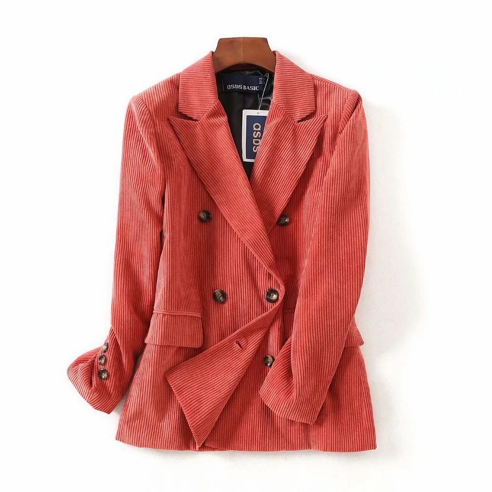 

2019 Autumn Corduroy Blazer Suit OL Formal Work Small Suit jacket Women Slim Long Sleeve ladies Double-breasted Blazers feminino