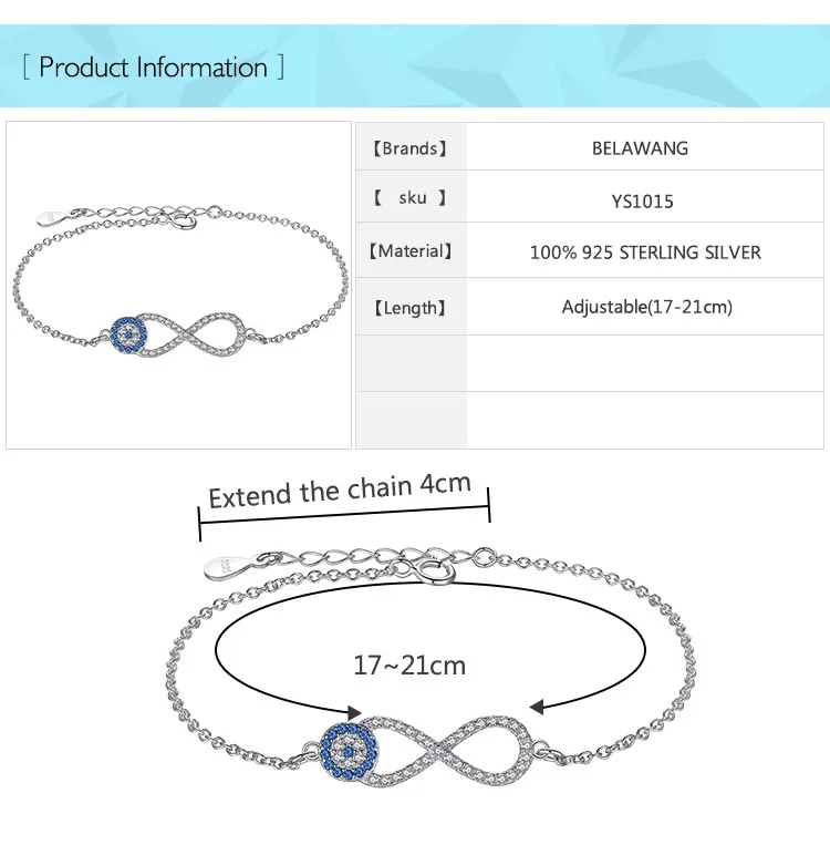 Мода 925 браслеты стерлингового серебра кубического циркония Lucky Eye& Infinity талисманы браслет цепочка для женщин ювелирные изделия